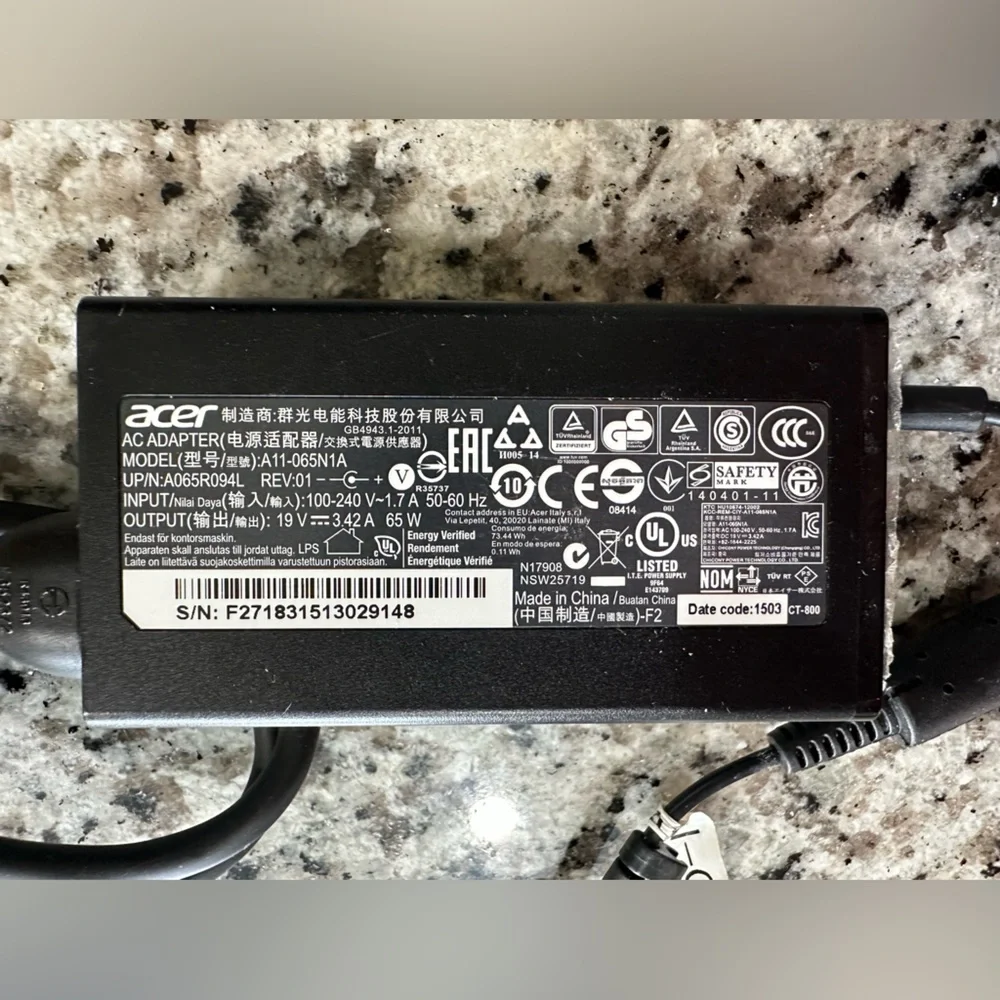 (1) 65W Genuine AC Adapter Acer Chromebook 15 C910 CB3 A11-065N1A PA-1650-86AW